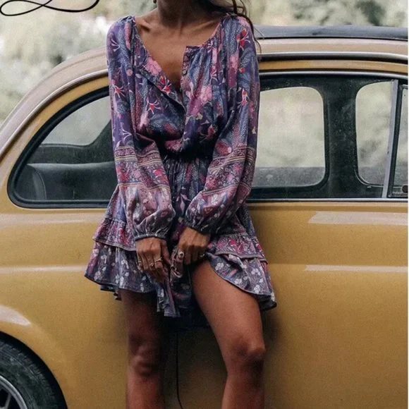 Bohemian Gypsy Purple Floral Print Mini Ruffle dress - Picture 5 of 16